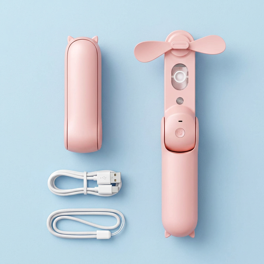 Lumora Mist Breeze with USB cable and lanyard, flat lay