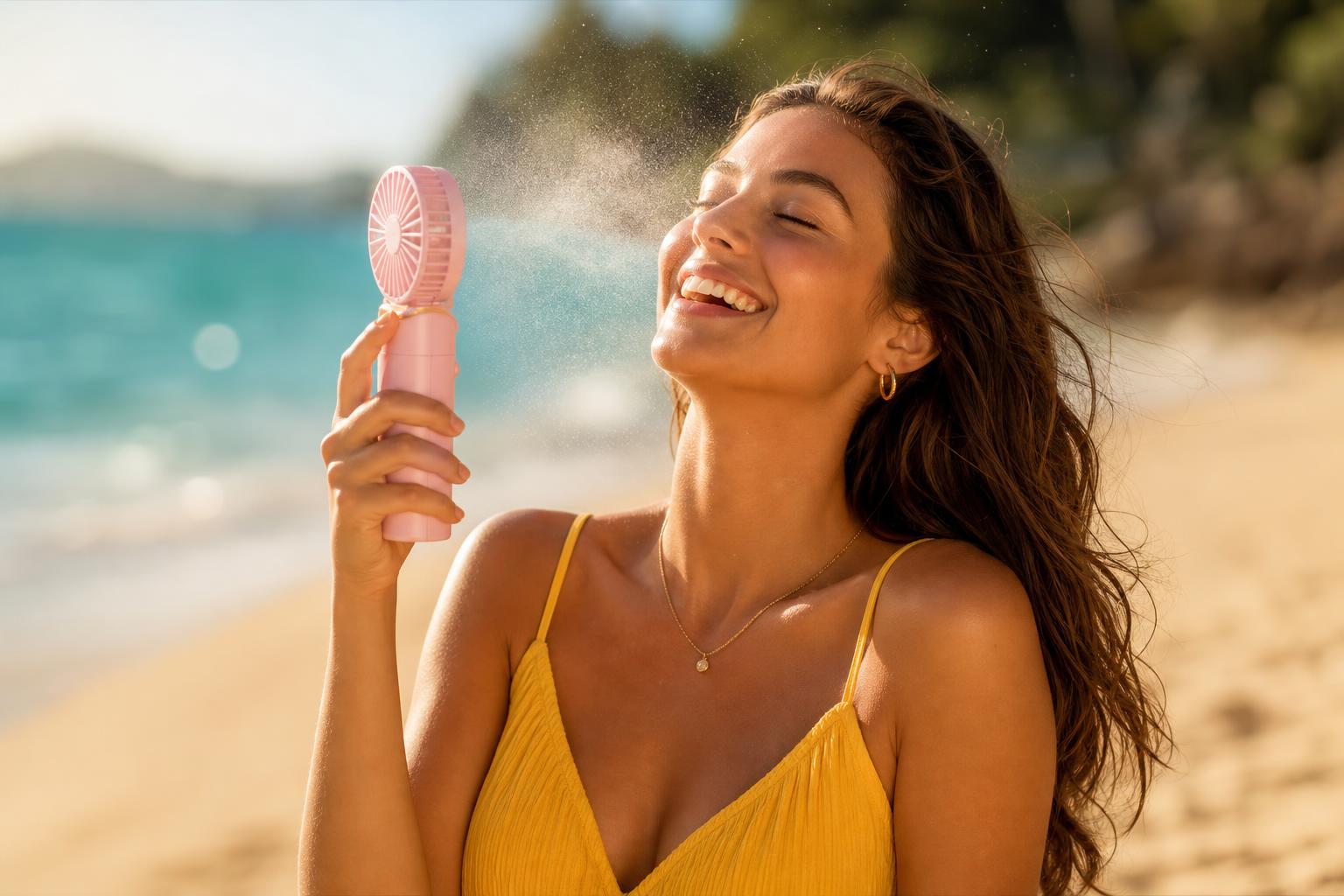 Person cooling off with the Lumora Mist Breeze at a sunny outdoor festival
